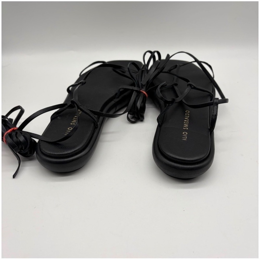 Ilio Smeraldo Sandals Womens 37 Black Leather Lace Up Gladiator Square Toe Italy - Picture 6 of 9